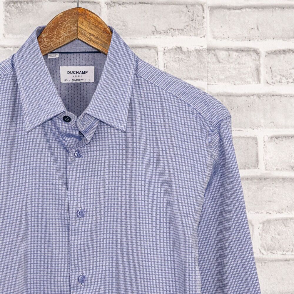 DUCHAMP London Tailored Fit Button up Shirt blue geo Men's size 16 Large